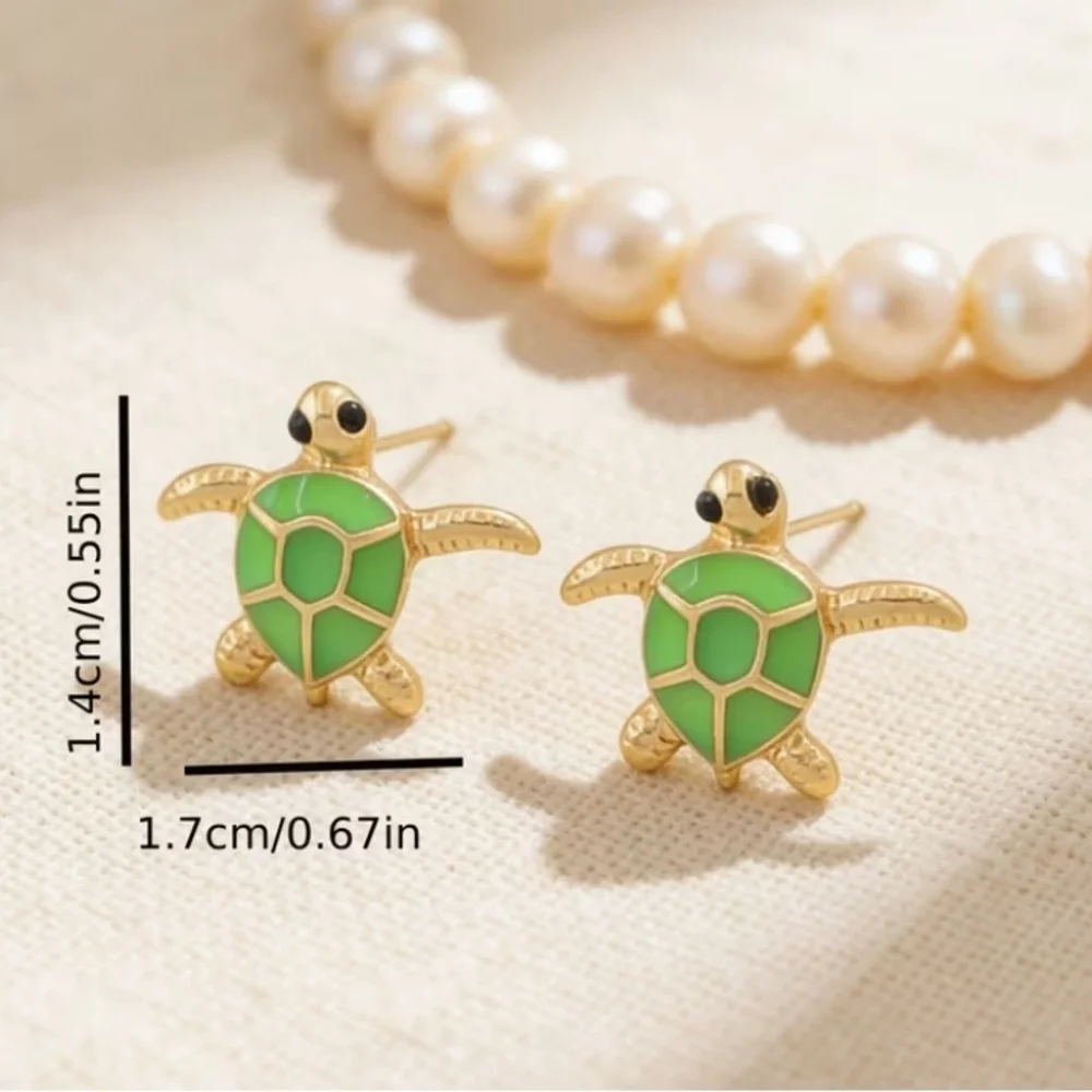 Gold Turtle Stud Earrings with Green Enamel Shell